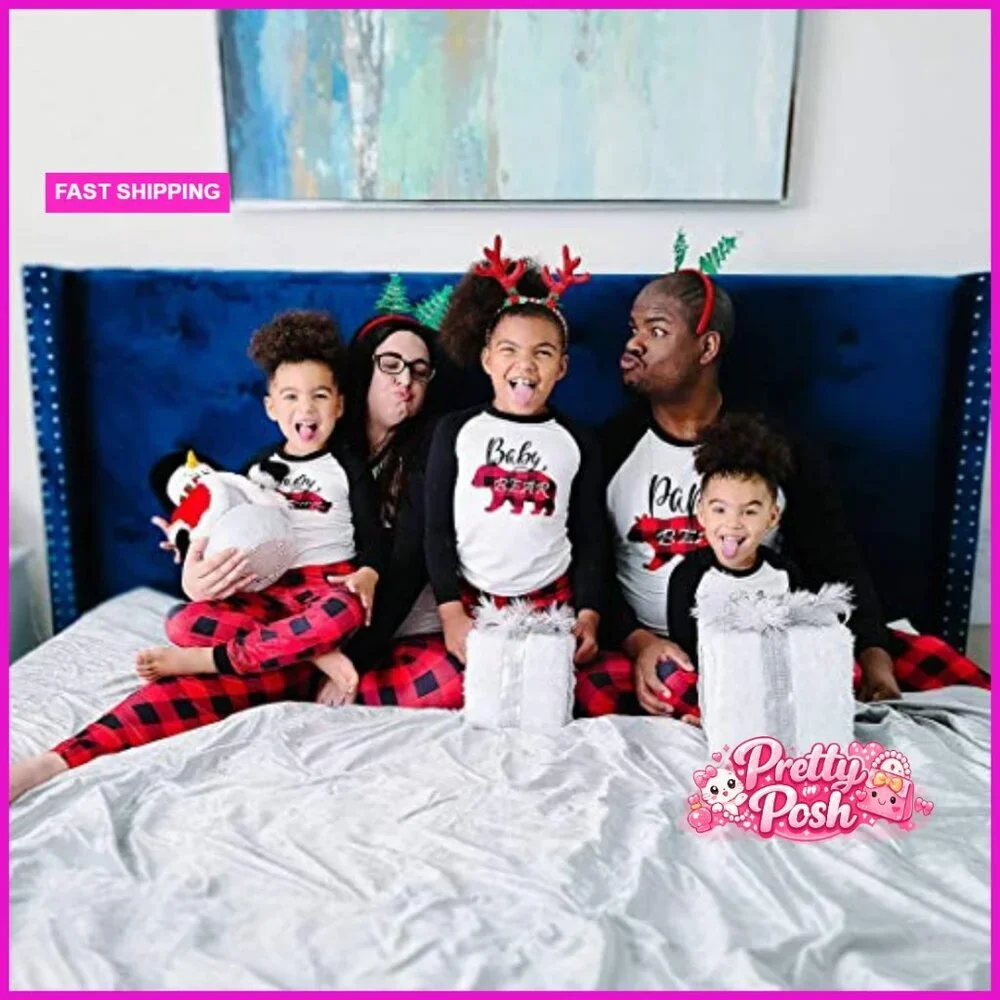 Matching Christmas Pajamas Set Letter Print Top Plaid Pants Pockets